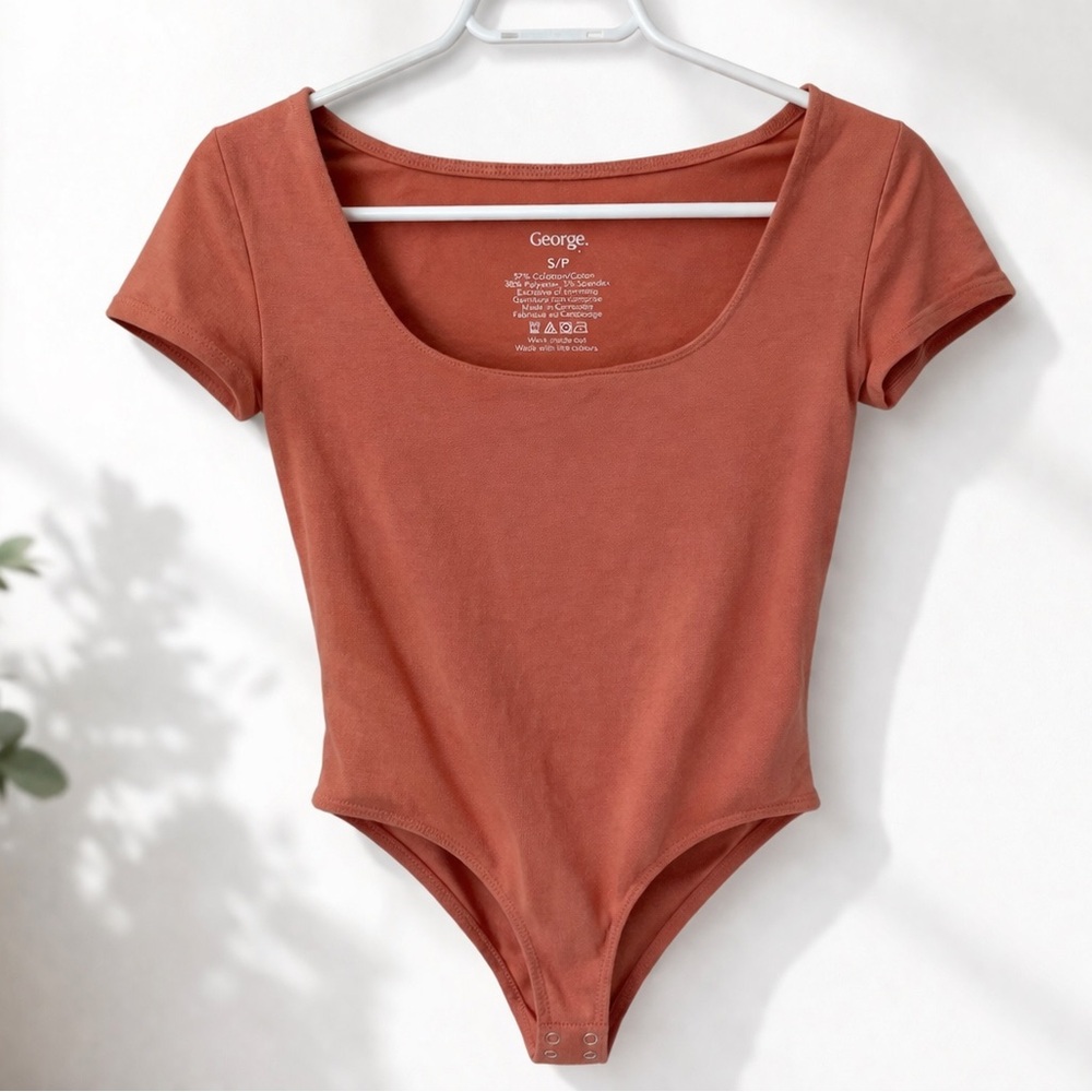 George Rust Coral Bodysuit Short Sleeve Scoop Neck Cotton Blend S/P